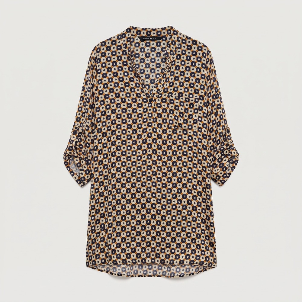 Zara Basic Tunic Top Women XXL Multi-Color Excellent Geometric Roll-Tab Sleeve